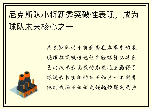 尼克斯队小将新秀突破性表现，成为球队未来核心之一